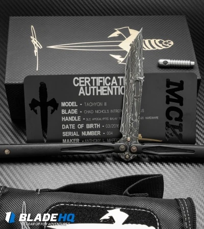 Marfione Custom Tachyon III Balisong Knife DLC Titanium (4.5" Damascus) 5 Marfione Custom Tachyon III Balisong Knife DLC Titanium (4.5" Damascus) - Image 5